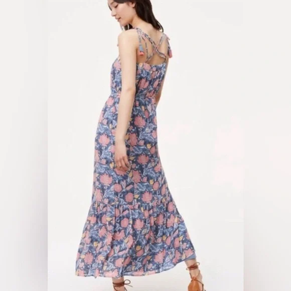 Women's LOFT Floral Tassel Tie Sleeve Ruffle Hem Boho Maxi dress size small - Picture 5 of 5